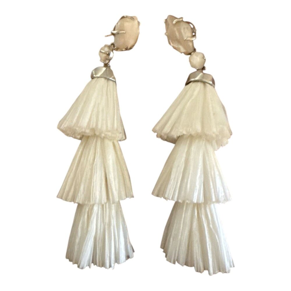 Kendra Scott Denise Tassel Earrings Silver White Raffia MOP Stones Statement